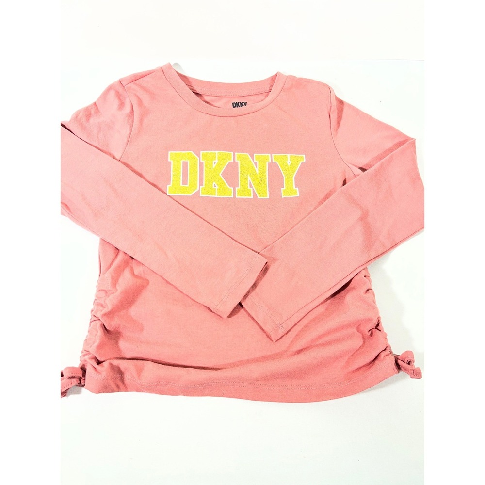 DKNY Long Sleeve Glitter Logo Graphic Tee Girls 6X Pink Cinched Side Tie Sparkle